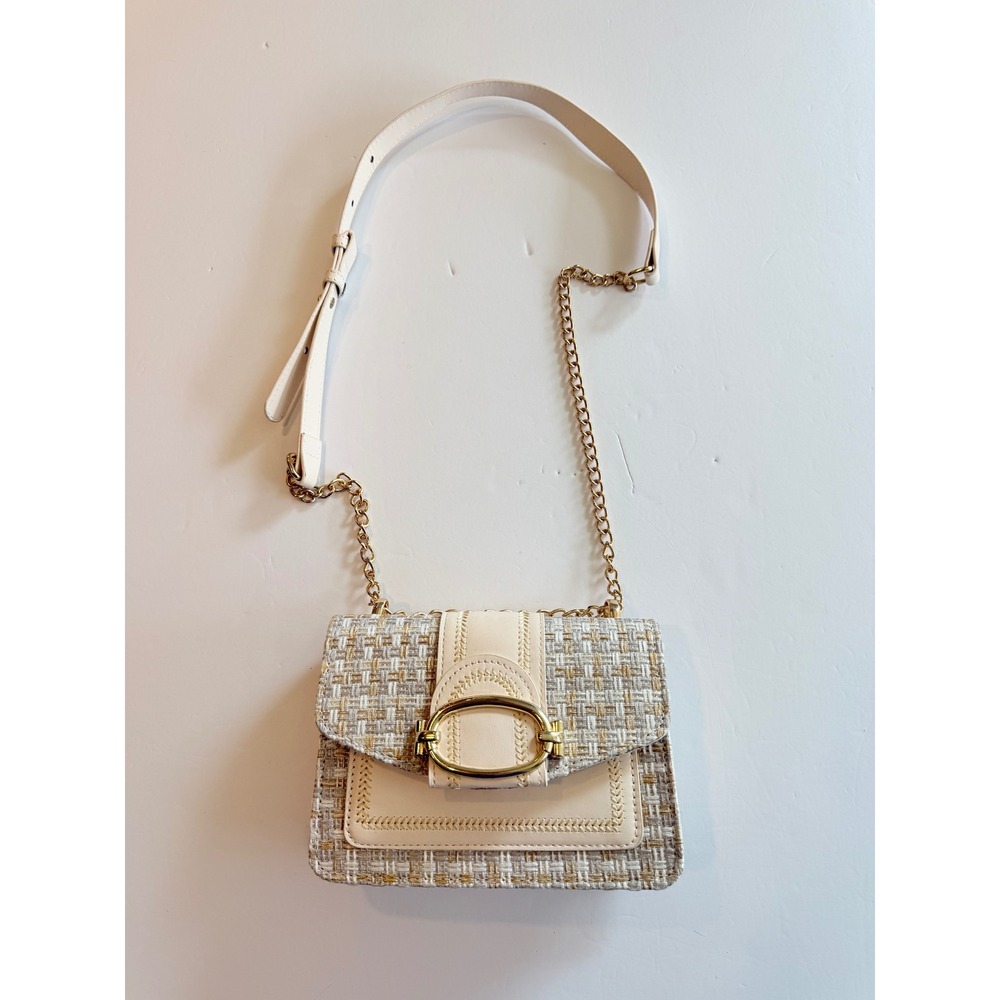 Cream Tweed Gold Chain Crossbody Bag Buckle Flap Shoulder Purse Small